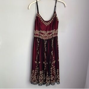 Adrianna Papell Burgundy, Black, & Gold Beaded Silk Cocktail Dress Size 4